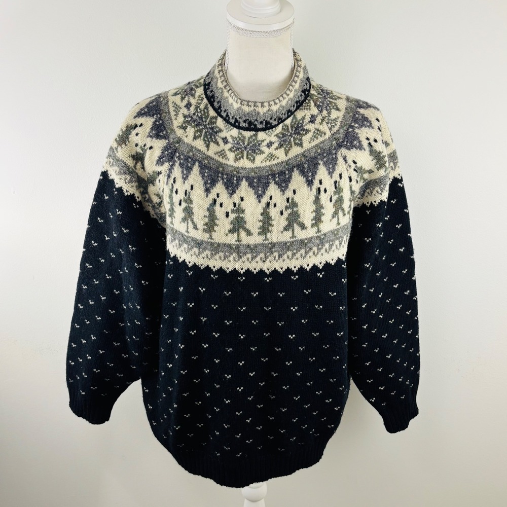 Vintage 1992 Eddie Bauer Fair Isle Wool Sweater Navy Blue Pine Tree Snowflake M